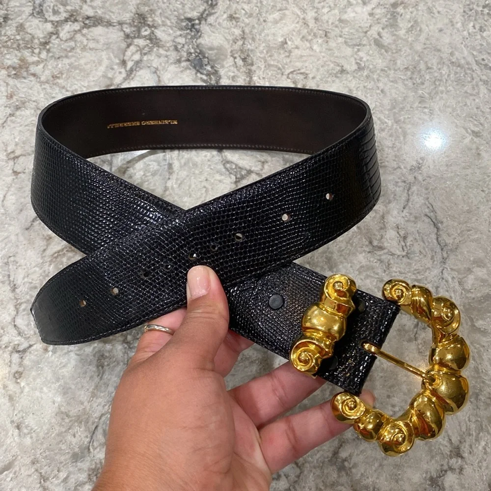 Kleinberg Sherrill Genuine Exotic Leather Belt w/ Gold Bubbly Buckle Detail 1988